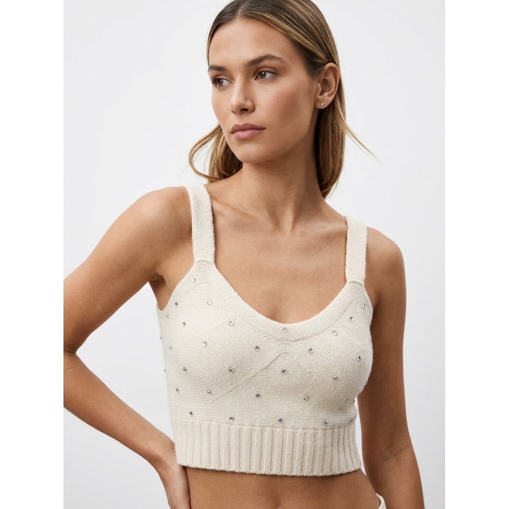 Zadig & Voltaire Bettina Crystal Knit Crop Top Cashmere & Wool Blend Ecru XS NEW